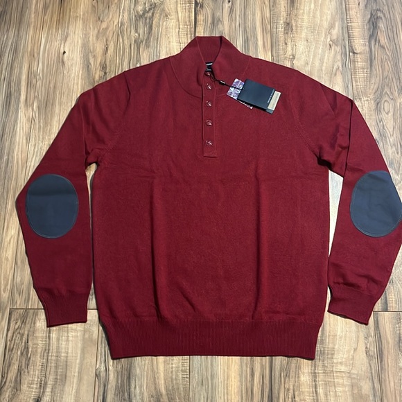 STATE CASHMERE Mock-Neck Quarter Button Polo Sweater Elbow Patch 100% Cashmere L - Picture 4 of 14